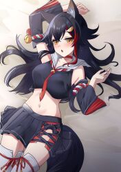Rule 34 | 1girl, animal ear fluff, animal ears, black hair, black shirt, black skirt, black sleeves, blush, breasts, choker, cropped shirt, detached sleeves, hair ornament, hairpin, highres, hololive, kisara keyy, large breasts, long sleeves, looking at viewer, navel, ookami mio, ookami mio (1st costume), open mouth, red choker, red hair, shirt, skirt, solo, tail, thighhighs, virtual youtuber, white thighhighs, wolf ears, wolf girl, wolf tail, yellow eyes
