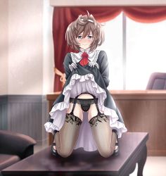Rule 34 | 1girl, absurdres, alternate costume, ascot, black dress, black footwear, black legwear, black panties, blue eyes, brown hair, clothes lift, dress, dress lift, enmaided, flower, frilled dress, frills, garter belt, gloves, highres, indoors, kantai collection, lifted by self, long hair, long sleeves, maid, messy hair, neck flower, on table, panties, red ascot, red flower, red rose, rose, sheffield (kancolle), solo, table, tk8d32, underwear