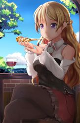 Rule 34 | 10s, 1girl, ascot, bare shoulders, blonde hair, blue sky, braid, breasts, brown eyes, brown pantyhose, cheese trail, chiyo goya, cloud, crossed legs, day, eating, food, french braid, glass, hat, highres, kantai collection, large breasts, long hair, long sleeves, miniskirt, ocean, pantyhose, pizza, shirt, sitting, skirt, sky, solo, tree, water, wavy hair, white shirt, zara (kancolle)