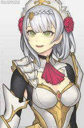Rule 34 | 1girl, armor, armpit cutout, armpit peek, braid, breasts, cleavage, cleavage cutout, clothing cutout, commentary, crown braid, english commentary, flower, genshin impact, gofelem, green eyes, grey hair, greyscale, hair flower, hair ornament, knight, looking to the side, maid, maid headdress, medium breasts, monochrome, noelle (genshin impact), open mouth, red flower, red rose, rose, short hair, smile, solo, upper body