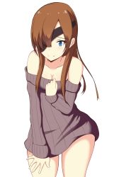 Rule 34 | 1girl, absurdres, blue eyes, blush, breasts, brown hair, brown sweater, cleavage, closed mouth, collarbone, commentary request, contrapposto, cowboy shot, eyepatch, fate/grand order, fate (series), hair over one eye, highres, long hair, long sleeves, looking at viewer, mitchi, off-shoulder, off-shoulder sweater, off shoulder, ophelia phamrsolone, ribbed sweater, simple background, sleeves past wrists, small breasts, smile, solo, standing, sweater, white background