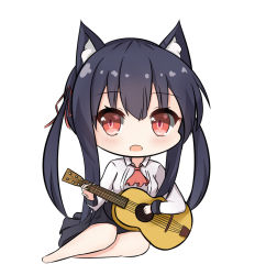 Rule 34 | 1girl, :d, animal ear fluff, animal ears, ascot, barefoot, black hair, black skirt, blush, breasts, cat ears, chibi, chisuzu mei, collared shirt, fangs, full body, guitar, hair between eyes, hair ribbon, holding, holding instrument, instrument, long hair, long sleeves, looking at viewer, medium breasts, nagato-chan, open mouth, paryi project, pleated skirt, red ascot, red eyes, red ribbon, ribbon, shirt, sidelocks, simple background, skirt, smile, solo, twintails, very long hair, virtual youtuber, white background, white shirt