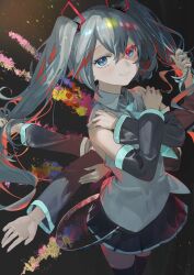Rule 34 | belt, black background, black skirt, black sleeves, black thighhighs, blue eyes, blue hair, blue nails, chimera (vocaloid), closed mouth, collared shirt, cowboy shot, detached sleeves, extra arms, floating hair, hair between eyes, hair ornament, hatsune miku, highres, holding, holding own hair, legs together, long hair, loose belt, miniskirt, multicolored hair, nail polish, nik ibi, pleated skirt, red hair, red pupils, shirt, sidelocks, simple background, skirt, sleeveless, sleeveless shirt, smile, thighhighs, twintails, two-tone hair, vocaloid, white shirt, zettai ryouiki