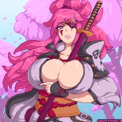 Rule 34 | 1girl, angry, baiken, breasts, clothes, countmoxi, eyepatch, female focus, guilty gear, holding, holding sword, holding sword, holding weapon, huge breasts, katana, long hair, looking at viewer, pink hair, pixel art, ponytail, solo, sword, weapon