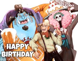 Rule 34 | 3boys, absurdres, alcohol, alternate costume, ascot, beer, black hair, blue skin, blush, bow, bowtie, brook (one piece), cake, collared shirt, colored skin, curly eyebrows, facial hair, fins, fish boy, food, goatee, happy, happy birthday, hat, highres, index finger raised, ippaiotabe mkw, japanese clothes, jinbe (one piece), kimono, large pectorals, male focus, mature male, multiple boys, muscular, muscular male, o o, one piece, orange kimono, pectoral cleavage, pectorals, pink hair, pointy ears, shirt, skeleton, suspenders, tusks, usopp, wide-eyed