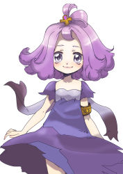 Rule 34 | 1girl, acerola (pokemon), armlet, bad id, bad pixiv id, bare arms, blush, closed mouth, collarbone, cowboy shot, creatures (company), dress, elite four, fingernails, flat chest, flipped hair, game freak, hair ornament, half updo, looking at viewer, nintendo, pokemon, pokemon sm, purple dress, purple hair, short hair, short sleeves, simple background, smile, solo, standing, stitches, torimeiro, torn clothes, torn dress, torn sleeves, trial captain, white background