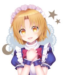 Rule 34 | 1girl, blonde hair, blue dress, bow, bowtie, commentary request, crescent, dress, head tilt, kana-anaveral, maid headdress, mugetsu (touhou), open mouth, own hands together, puffy short sleeves, puffy sleeves, red bow, red bowtie, short sleeves, simple background, solo, star (symbol), touhou, touhou (pc-98), turtleneck, upper body, white background, wrist cuffs, yellow eyes
