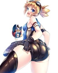Rule 34 | 10s, 1girl, :d, armlet, ass, bare shoulders, bird, black gloves, blonde hair, blue eyes, curvy, fingerless gloves, from behind, gloves, granblue fantasy, hinata sora, huge ass, looking back, open mouth, pantylines, pengie, penguin, short hair, short shorts, short twintails, shorts, simple background, skin tight, smile, solo, thighs, twintails, white background, wide hips