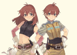 Rule 34 | 1boy, 1girl, aaron (rune factory), abuku, aged up, antenna hair, aria (rune factory), arm guards, bare shoulders, beige background, belt, belt pouch, blush, breasts, brown eyes, brown hair, cowboy shot, detached sleeves, grey eyes, half updo, hand on own hip, locked arms, long hair, looking at viewer, midriff, o-ring, pouch, rune factory, rune factory 2, short hair, short sleeves, shorts, simple background, small breasts, smile, watering can