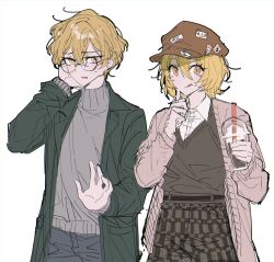 Rule 34 | 1boy, 1girl, :q, blonde hair, blue pants, brown cardigan, brown vest, cabbie hat, cardigan, coat, cup, disposable cup, don quixote (project moon), green coat, grey sweater, hat, highres, holding, holding cup, limbus company, long sleeves, looking at viewer, pants, project moon, remsrar, round, shirt, short hair, simple background, sinclair (project moon), sticker, sweater, tongue, tongue out, vest, white background, white shirt, yellow eyes