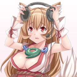 Rule 34 | 1girl, amane hasuhito, animal ears, bad id, bad pixiv id, breasts, brown hair, cleavage, fang, fox ears, fox tail, headset, inari, inugami renge (hasu), japanese clothes, jewelry, large breasts, long hair, magatama, necklace, open mouth, original, red eyes, simple background, solo, tail