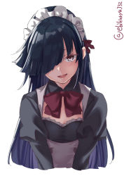 Rule 34 | 1girl, alternate costume, apron, black hair, bow, bowtie, dress, ebifurya, enmaided, frills, hair over one eye, hayashimo (kancolle), highres, kantai collection, long hair, long sleeves, looking at viewer, maid, maid apron, maid headdress, open mouth, simple background, smile, solo, twitter username, very long hair, white background
