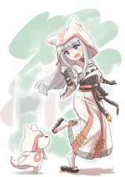 Rule 34 | 1girl, animal ears, armor, armored dress, dog, dog ears, fingerless gloves, gloves, grey eyes, hat, hat with ears, inuyama (oshiro project), japanese clothes, looking down, oshiro project:re, oshiro project:re, sandals, silver hair, solo, wamu (chartreuse)
