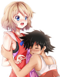 Rule 34 | 1boy, 1girl, :o, arm grab, ash ketchum, ashujou, bare shoulders, black hair, blonde hair, blush, breasts, collarbone, creatures (company), dress, eyebrows, closed eyes, game freak, hetero, highres, hug, nintendo, nose blush, open clothes, open mouth, open vest, pink dress, pokemon, pokemon (anime), pokemon xy (anime), red vest, round teeth, serena (pokemon), short hair, simple background, sleeveless, sleeveless dress, small breasts, surprised, sweatdrop, tank top, teeth, upper body, vest, yellow background