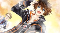 Rule 34 | 2boys, blue eyes, brown hair, eating, fairy fencer f, fang (fairy fencer f), food, food on face, game cg, glasses, looking at viewer, male focus, multiple boys, official art, open mouth, paiga, rice, rice on face, smile, tsunako