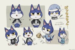 Rule 34 | 1boy, :&lt;, :3, :d, ?, animal crossing, apron, arrow (symbol), black jacket, black pajamas, black shirt, blue apron, blue headwear, blue shirt, cat boy, closed eyes, closed mouth, coffee, coffee mug, collared shirt, commentary request, cropped legs, cropped shoulders, cup, duster, furry, furry male, grey background, hand up, hat, heart, highres, holding, holding cup, holding duster, jacket, kaji (oni atat), long sleeves, looking at viewer, male focus, mug, multicolored clothes, multicolored jacket, multiple views, name tag, nightcap, nintendo, open mouth, pajamas, plaid, plaid apron, pom pom (clothes), shirt, simple background, sitting, smile, sparkle, striped clothes, striped pajamas, striped shirt, tom (animal crossing), translation request, triangle mouth, two-tone jacket, vertical-striped clothes, vertical-striped pajamas, vertical-striped shirt, white shirt, wing collar, yellow eyes