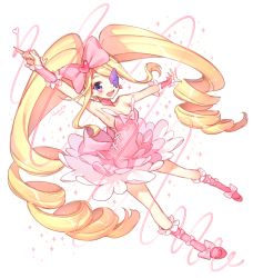 Rule 34 | 10s, 1girl, arm up, armpits, big hair, blonde hair, boots, bow, dress, drill hair, earrings, eyepatch, full body, harime nui, jewelry, kill la kill, long hair, nardack, open mouth, pink bow, pink dress, pink footwear, purple eyes, smile, solo, strapless, strapless dress, twintails, very long hair, wrist cuffs