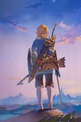 Rule 34 | 1boy, arrow (projectile), blonde hair, blue shirt, boots, bow (weapon), brown pants, castle, day, from behind, highres, holding, holding shield, holding sword, holding weapon, layered sleeves, link, long sleeves, male focus, nintendo, outdoors, pants, ponytail, quiver, shield, shirt, short over long sleeves, short sleeves, solo, standing, sword, the legend of zelda, the legend of zelda: breath of the wild, weapon, white footwear, zzz zhi he