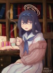 Rule 34 | 1girl, absurdres, black hair, black undershirt, blue archive, blue eyes, blue hairband, blue neckerchief, blush, book, bookshelf, brown cardigan, cardigan, chair, crossed bangs, cup, desk, hair between eyes, hairband, halo, highres, holding, holding cup, long hair, long skirt, long sleeves, looking at viewer, neckerchief, noy00713, open mouth, sailor collar, sitting, skirt, solo, steam, ui (blue archive), white sailor collar, white skirt