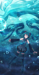 Rule 34 | 1girl, aqua hair, bad id, bad pixiv id, bubble, detached sleeves, closed eyes, female focus, full body, hatsune miku, headset, highres, legs, long hair, necktie, skirt, solo, thighhighs, twintails, underwater, very long hair, vocaloid, wet, wet clothes, yakka, zettai ryouiki