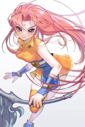 Rule 34 | 1girl, absurdres, arm warmers, bare shoulders, breasts, closed mouth, corset, dongfang tiexin, dress, facial mark, fighting, foot out of frame, forehead mark, hair intakes, highres, holding, holding weapon, long hair, looking at viewer, ma youqian, medium breasts, orange dress, orange thighhighs, parted bangs, pink hair, purple corset, purple eyes, purple footwear, shenbing xiaojiang, single thighhigh, sleeveless, sleeveless dress, solo, thighhighs, v-shaped eyebrows, very long hair, weapon