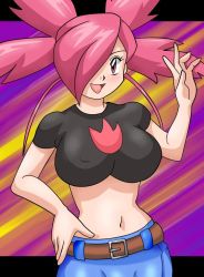 Rule 34 | artist request, belt, blush, breasts, cleavage, creatures (company), denim, flannery (pokemon), game freak, gym leader, hair over one eye, jeans, jpeg artifacts, large breasts, midriff, nintendo, pants, pokemon, red eyes, red hair, smile