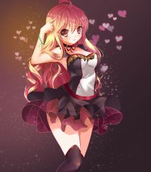 Rule 34 | 1girl, absurdres, ahoge, arm up, armpits, bare shoulders, bead bracelet, beads, black skirt, black thighhighs, blonde hair, bracelet, breasts, brown eyes, choker, cleavage, finger to head, frills, gradient background, hair between eyes, heart, highres, jewelry, long hair, looking at viewer, lyika.art, md5 mismatch, original, red ribbon, red skirt, resized, resolution mismatch, ribbon, simple background, skirt, smile, solo, source smaller, sparkle, standing, thighhighs, upscaled, very long hair