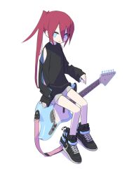 Rule 34 | 1girl, aqua eyes, black footwear, black shirt, clothing cutout, electric guitar, full body, grey shorts, guitar, highres, instrument, long hair, long sleeves, looking at viewer, original, parted lips, ponytail, red hair, shirt, shoes, short shorts, shorts, shoulder cutout, side ponytail, simple background, sitting, sleeves past wrists, snowgun, solo, very long hair, white background