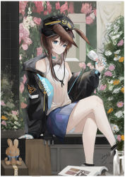 Rule 34 | 1girl, absurdres, amiya (arknights), animal ears, arknights, black bow, black hat, black jacket, blue choker, blue eyes, blue skirt, bow, brown hair, chitangbujiayan, choker, clothes writing, crossed legs, cup, dated, drinking glass, flower, hair between eyes, hat, highres, holding, holding cup, jacket, jewelry, long hair, looking at viewer, multiple rings, off-shoulder sweater, off shoulder, open clothes, open jacket, panties, rabbit ears, ring, shirt, signature, sitting, skirt, sleeveless, sleeveless shirt, sleeveless sweater, smile, solo, striped clothes, striped panties, stuffed animal, stuffed rabbit, stuffed toy, sweater, thighs, underwear, white panties, white shirt, white sweater