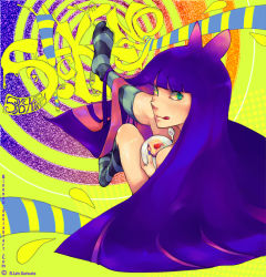 Rule 34 | 10s, 1girl, :d, :q, colored inner hair, dessert, food, food on face, green eyes, leg up, long hair, looking at viewer, looking back, multicolored hair, nail polish, open mouth, panty &amp; stocking with garterbelt, smile, solo, stocking (psg), striped clothes, striped thighhighs, thighhighs, tongue, tongue out, two-tone hair, very long hair, vinexsu, watermark