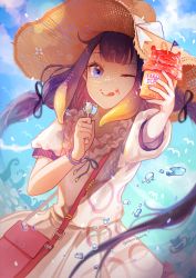 Rule 34 | 1girl, absurdres, artist name, bag, blue sky, blunt bangs, commentary, dress, floating hair, food, food on face, frills, hair ribbon, handbag, happyongdal, hat, highres, holding, holding food, holding spoon, hololive, hololive english, long hair, ninomae ina&#039;nis, one eye closed, purple hair, ribbon, shaved ice, sky, solo, spoon, straw hat, summer, symbol-only commentary, tentacle hair, tongue, tongue out, twintails, virtual youtuber, water drop, white dress