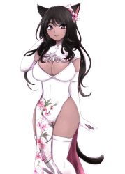 Rule 34 | 1girl, animal ears, warrior of light (ff14), black hair, breasts, cat ears, cat girl, cat tail, chemaru (a8l), china dress, chinese clothes, cleavage, commission, dark-skinned female, dark skin, dress, elbow gloves, female focus, final fantasy, final fantasy xiv, floral print, flower, gloves, hair flower, hair ornament, highres, large breasts, long hair, miqo&#039;te, purple eyes, skeb commission, solo, tail, thighhighs, white gloves, white thighhighs, wide hips