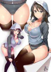 Rule 34 | 1girl, adapted costume, alternate costume, artist name, black socks, black thighhighs, blush, breasts, cleavage, collarbone, female focus, fingernails, girls und panzer, gluteal fold, groin, hat, kneehighs, large breasts, leaning forward, long sleeves, looking at viewer, mika (girls und panzer), shiny skin, shoes, simple background, sitting, skindentation, smile, socks, standing, thighhighs, uo denim, variations, white background, zipper pull tab