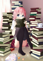 Rule 34 | 1girl, bad id, bad pixiv id, black thighhighs, blue eyes, book, book stack, candy, cup, food, glasses, holding, holding book, lollipop, looking at viewer, open book, original, pigeon-toed, pink hair, plaid, plaid skirt, plate, pocky, school uniform, sitting, skirt, solo, taiyaki (astre), teacup, thighhighs, too many, too many books