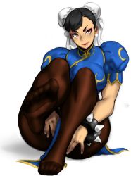 Rule 34 | 1girl, black hair, breasts, brown eyes, brown hair, capcom, chun-li, colorized, eymbee, feet, highres, large breasts, lips, pantyhose, smile, solo, street fighter, street fighter v