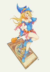 Rule 34 | 1girl, artist name, blonde hair, blush stickers, boots, breasts, capelet, card, cleavage, commentary, dark magician girl, delux drawings, dress, duel, full body, green eyes, grey background, hat, highres, holding, knee boots, leg up, long hair, looking at viewer, medium breasts, one eye closed, open mouth, pelvic curtain, pink capelet, short dress, signature, simple background, smile, solo, sparkle, v, vambraces, wand, wizard hat, yu-gi-oh!, yu-gi-oh! duel monsters
