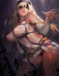 Rule 34 | 10s, 1girl, aoin, bare shoulders, blindfold, blonde hair, bracelet, breasts, detached sleeves, covered erect nipples, goblin slayer!, highres, holding, holding sword, holding weapon, jewelry, large breasts, long hair, nipples, parted lips, perky breasts, revealing clothes, solo, sword, sword maiden, veil, weapon
