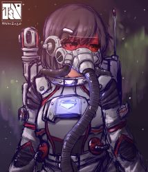 Rule 34 | 1girl, absurdres, antennae, arms at sides, backpack, bag, bodysuit, brown hair, hair ornament, hairclip, highres, jasonchin96, looking to the side, medium hair, original, respirator, science fiction, solo, tube