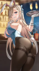 Rule 34 | 1girl, absurdres, animal ears, ass, asuna (blue archive), asuna (bunny) (blue archive), bare shoulders, blue archive, blue eyes, blue leotard, breasts, brown hair, brown pantyhose, cowboy shot, detached collar, fake animal ears, fake tail, from behind, gloves, grin, hair over one eye, hair ribbon, hairband, hands up, highleg, highleg leotard, highres, kitin, large breasts, leotard, long hair, looking at viewer, looking back, pantyhose, playboy bunny, rabbit ears, rabbit tail, revision, ribbon, smile, solo, standing, strapless, strapless leotard, tail, thighband pantyhose, tray, very long hair, white gloves