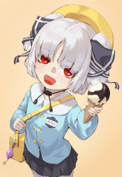 Rule 34 | 1girl, absurdres, aged down, artia, character name, chinese commentary, corrupted metadata, fangs, food, highres, holding, holding food, hololive, hololive china, ice cream, looking at viewer, name tag, open mouth, red eyes, school uniform, solo, two side up, virtual youtuber, white hair, xigao gao, yellow background