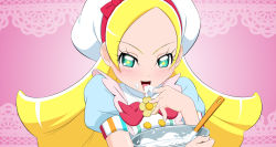 Rule 34 | 1girl, blonde hair, bowl, cream, cream on face, eating, food, food on face, fuchi (nightmare), gradient background, green eyes, kirahoshi ciel, kirakira precure a la mode, lace background, licking, licking finger, long hair, looking at viewer, mixing bowl, open mouth, pink background, precure, puffy short sleeves, puffy sleeves, short sleeves, solo, upper body, whipped cream, whisk