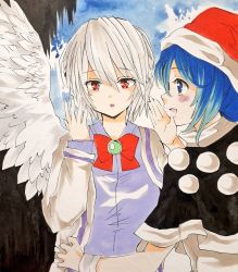 Rule 34 | 2girls, :d, angel wings, beige jacket, black capelet, blue eyes, blue hair, blush, bow, bowtie, braid, brooch, capelet, commentary request, doremy sweet, dress, french braid, hair between eyes, hand up, jewelry, kishin sagume, lips, looking at another, looking at viewer, marker (medium), matsuppoi, multiple girls, open mouth, parted lips, pom pom (clothes), profile, purple dress, red bow, red eyes, red neckwear, short hair, silver hair, simple background, single wing, smile, touhou, traditional media, upper body, white dress, wings, wrist cuffs