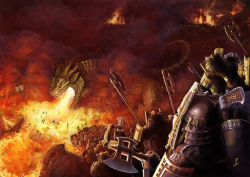 Rule 34 | 6+boys, armor, army, axe, breath weapon, breathing fire, commentary, dwarf, english commentary, fire, full armor, giant, giant monster, glaurung, helmet, highres, holding, holding axe, holding shield, lynton levengood, multiple boys, people, quiver, red theme, shield, signature, the silmarillion, tolkien&#039;s legendarium, tolkien's legendarium