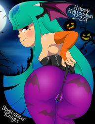 Rule 34 | 1girl, ass, ass focus, bodysuit, breasts, capcom, cleft of venus, clothes pull, clothing aside, cosplay, crossover, disguise, fat mons, female focus, glitch techs, halloween, halloween costume, highres, huge ass, looking at viewer, looking back, miko kubota, morrigan aensland, morrigan aensland (cosplay), netflix, nickelodeon, panties, panties aside, panty pull, smile, solo, spellcaster knight, underwear, underwear pull, vampire (game)