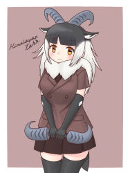 Rule 34 | 1girl, :3, animal ears, black gloves, black hair, black thighhighs, blush, brown eyes, brown jacket, brown skirt, character name, eyelashes, fur scarf, gloves, goat girl, head tilt, highres, himalayan tahr (kemono friends), holding, holding weapon, horizontal pupils, horns, jacket, kemono friends, long hair, looking at viewer, multicolored hair, necktie, simple background, skirt, smile, tail, thighhighs, uf34a, v arms, weapon, white hair
