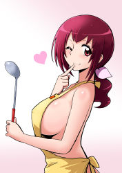Rule 34 | 10s, 1girl, apron, bakusai, blush, breasts, from side, hair ribbon, heart, hoshizora ikuyo, housewife, ladle, large breasts, long hair, looking at viewer, mature female, naked apron, one eye closed, pink eyes, pink hair, ponytail, precure, red eyes, red hair, ribbon, smile, smile precure!, solo, wink