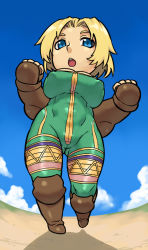 Rule 34 | 1girl, bare shoulders, blonde hair, blue eyes, boots, breasts, chibi, clenched hands, elbow gloves, covered erect nipples, closed eyes, final fantasy, final fantasy tactics, fingerless gloves, foreshortening, gloves, knee boots, knee pads, large breasts, monk (fft), open mouth, short hair, solo, standing, tsukudani (coke-buta), unitard