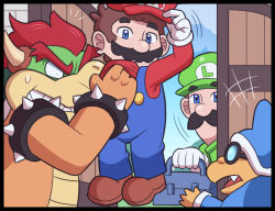 Rule 34 | 4boys, angry, armlet, ayyk92, blue eyes, blue headwear, blue overalls, bowser, bracelet, brown footwear, brown hair, collar, facial hair, fang, glasses, gloves, grabbing, holding, jewelry, lifting person, looking at another, luigi, magikoopa, mario, mario (series), multiple boys, mustache, nintendo, open door, overalls, red hair, red shirt, shirt, short hair, spiked armlet, spiked bracelet, spiked collar, spikes, super mario world, white gloves