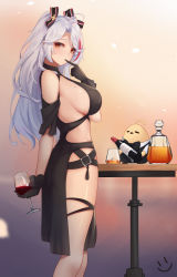 Rule 34 | 1girl, alternate costume, antenna hair, arm behind back, azur lane, bare shoulders, black dress, black gloves, bow, breasts, brown eyes, cup, dress, drinking glass, finger to mouth, gloves, highres, holding, holding cup, large breasts, long hair, looking at viewer, manjuu (azur lane), mole, mole on breast, multicolored hair, prinz eugen (azur lane), prinz eugen (cordial cornflower) (azur lane), red hair, silver hair, solo, streaked hair, swept bangs, thigh strap, thighs, two side up, wei xiao, wine glass