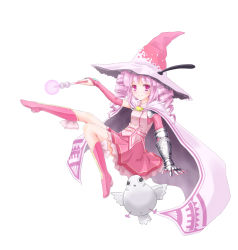 Rule 34 | 1girl, bird, boots, bridal gauntlets, cape, drill hair, eyebrows, gauntlets, hadi, hat, highres, knee boots, leg up, long hair, looking at viewer, magical girl, mahou shoujo taisen contest 1, pink footwear, pink hair, purple eyes, simple background, smile, solo, white background, witch hat
